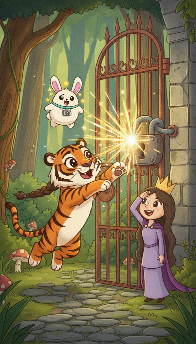 Luna leaps up as a striped tiger while sparks fly from the lock, a dramatic storybook moment