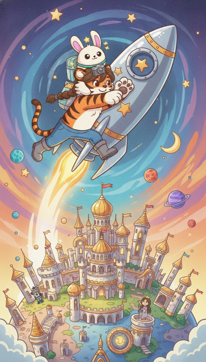 A girl-turned-tiger with a bunny on her back leaping into a silver rocket as it blasts off a grand palace planet