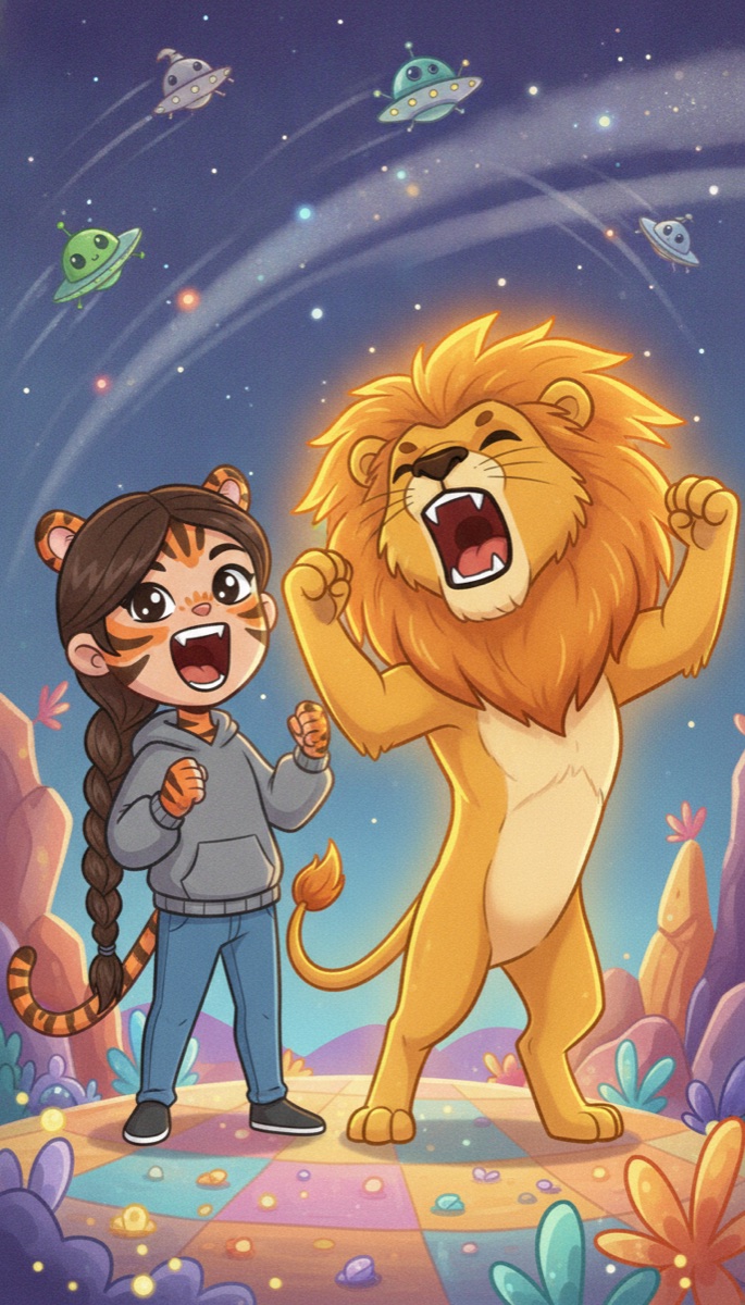 A girl-tiger and a golden lion roaring together as little alien ships flee across a starry sky, bright and triumphant