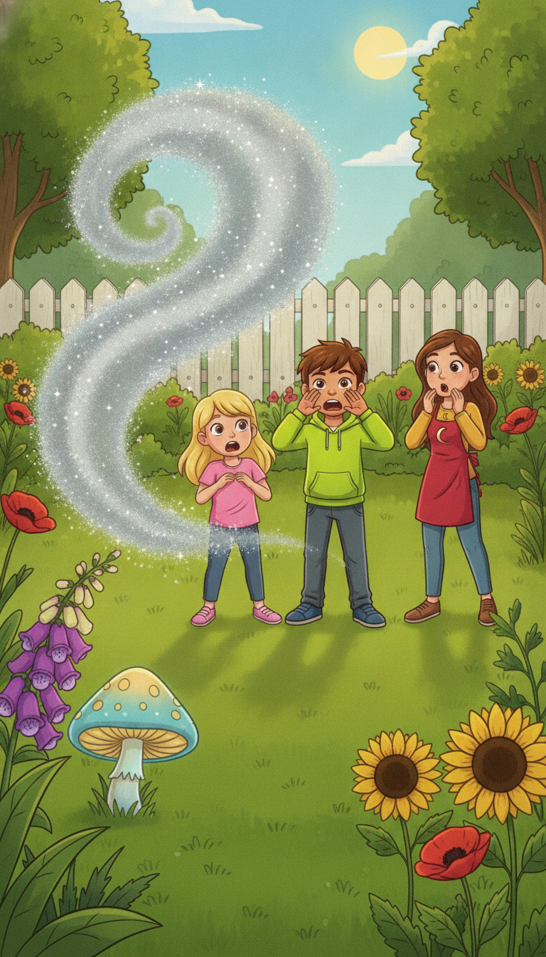 a tiny glowing mushroom puffing out a sparkly silver cloud of dust over a surprised family in a sunny back garden