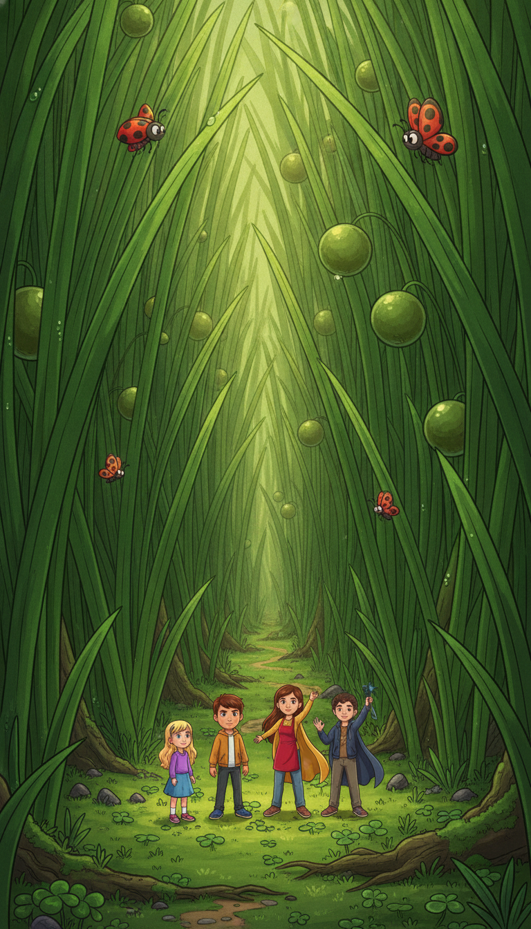 the family shrunk tiny, standing under giant blades of grass like a huge green jungle