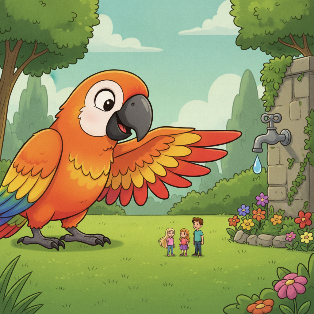 a huge bright parrot leaning down to a teeny-tiny family on the grass, pointing one wing across an enormous lawn toward a far-away dripping garden tap