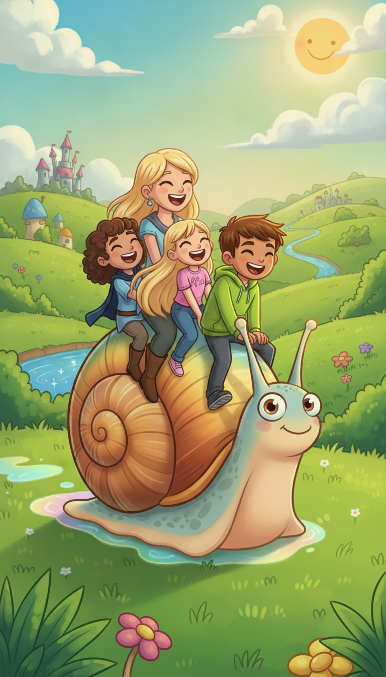 the family riding on the back of a giant friendly snail across the grass, holding on and laughing
