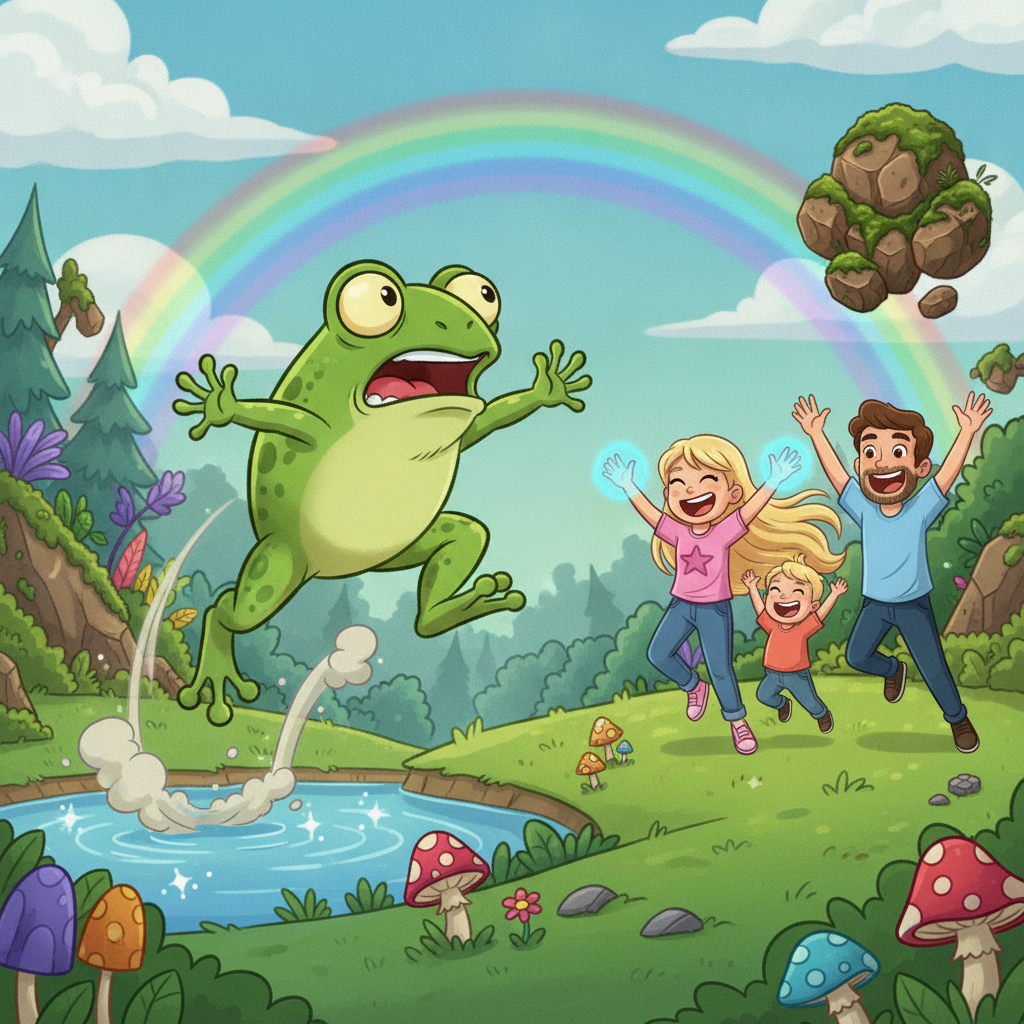 a giant green frog going cross-eyed and hopping away in fright while a tiny brave girl with glowing hands and her family jump, wave and shout together