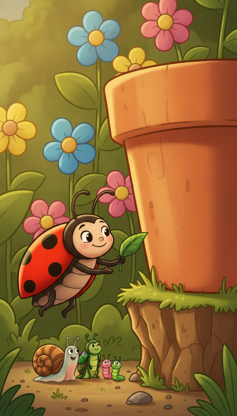 a smiling friendly ladybird offering a leaf to the tiny family at the bottom of a tall flowerpot