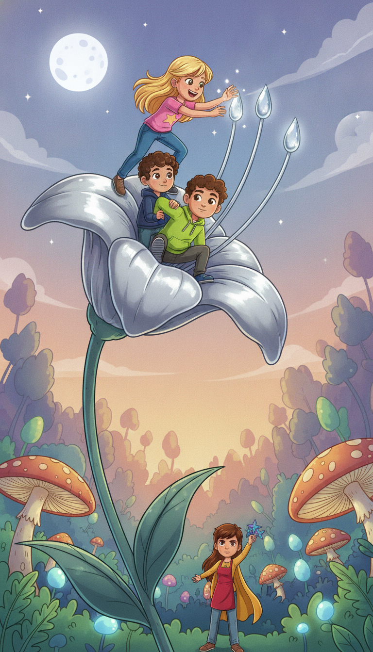 a teeny-tiny family making a wobbly tower, a brave girl at the very top reaching out glowing hands to catch three sparkling silver dewdrops on a tall shining silver flower