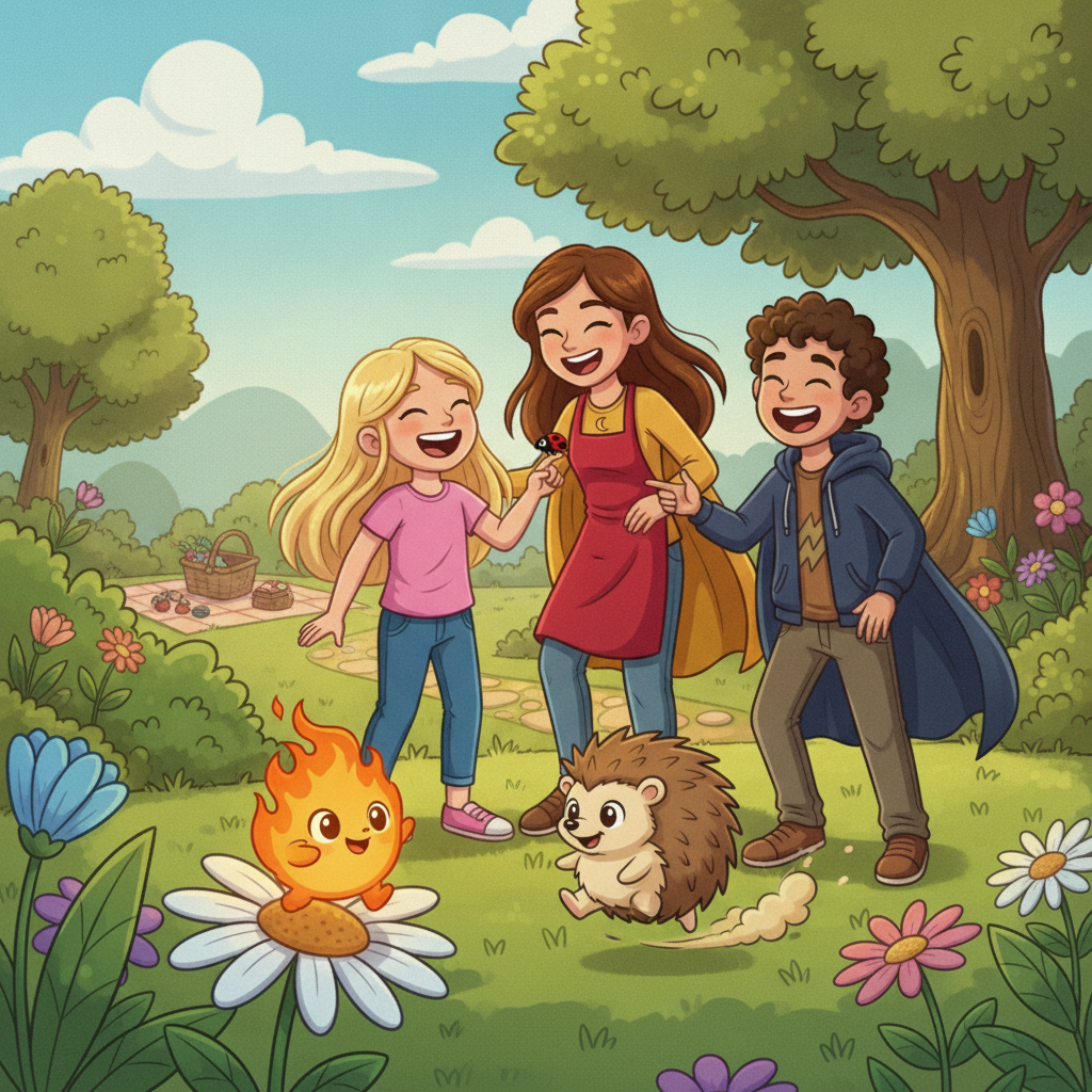 the family back to their normal size in the sunny garden, laughing together, with Pip, Blaze and a tiny ladybird on Lili's finger